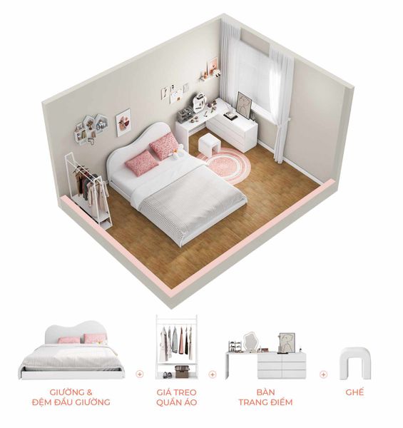 Combo Tiết Kiệm Giường + Giá Treo Quần Áo + Ghế + Bàn trang điểm - Nội Thất IGA - CONCEPT.04