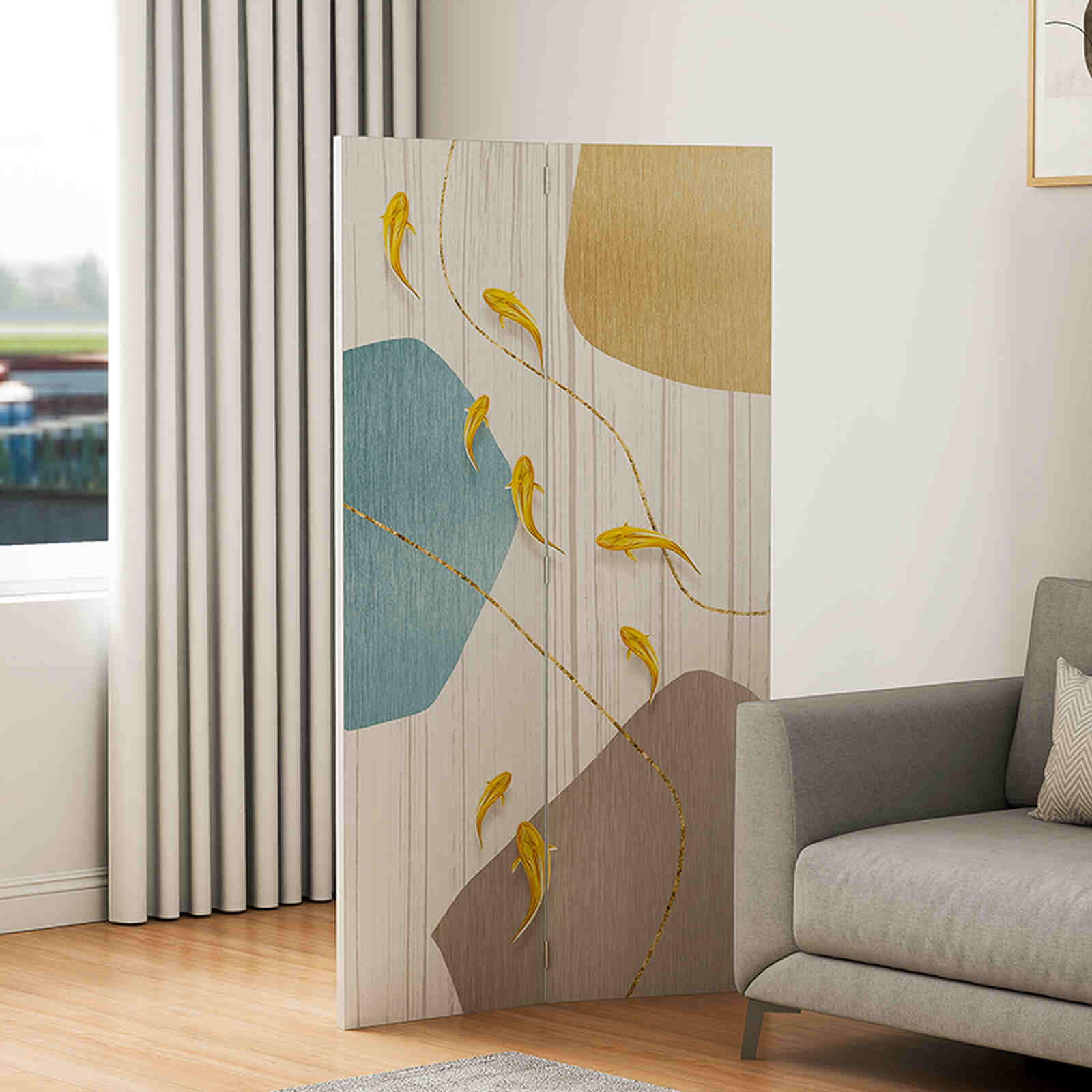 Bình phong 2 tấm canvas cá vàng