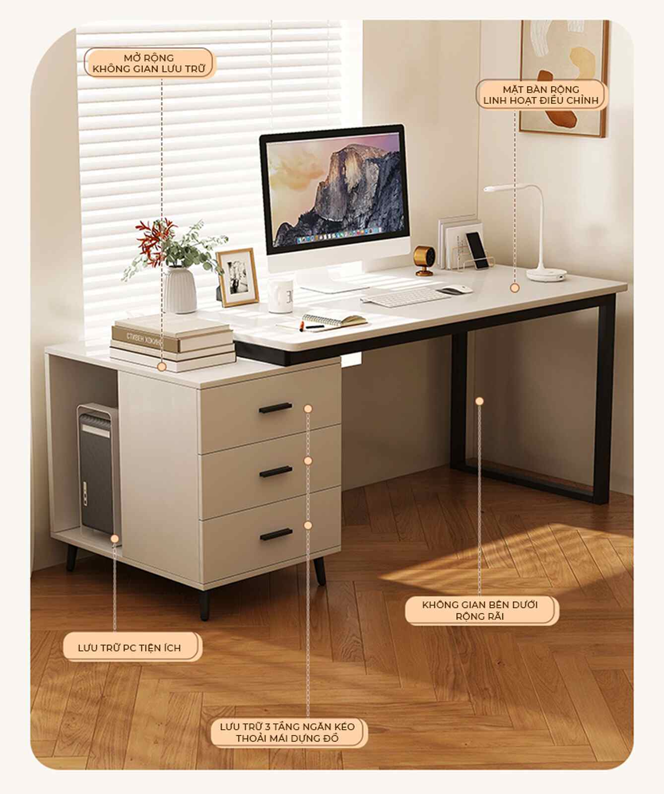 Bàn làm việc kèm tủ đồ khung đen mặt gỗ trắng