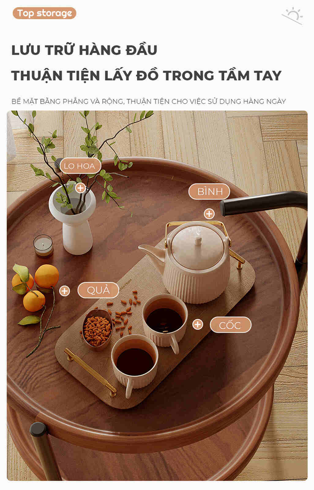 Bàn trà di động 2 tầng chân đen mặt óc chó