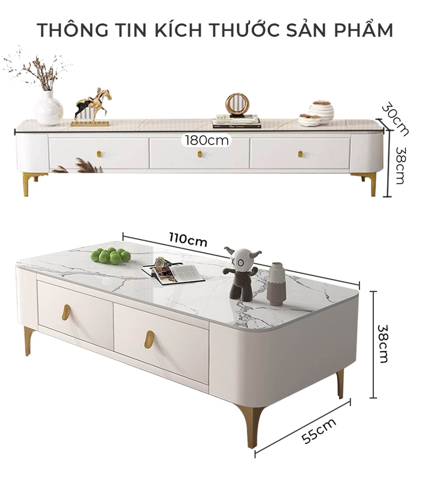 Combo bàn trà + kệ tivi vân đá