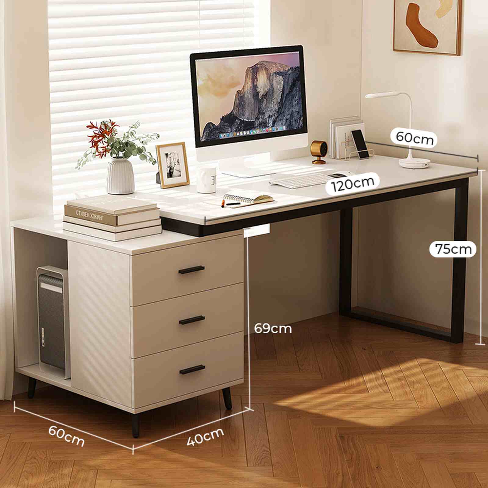 Bàn làm việc kèm tủ đồ khung đen mặt gỗ trắng