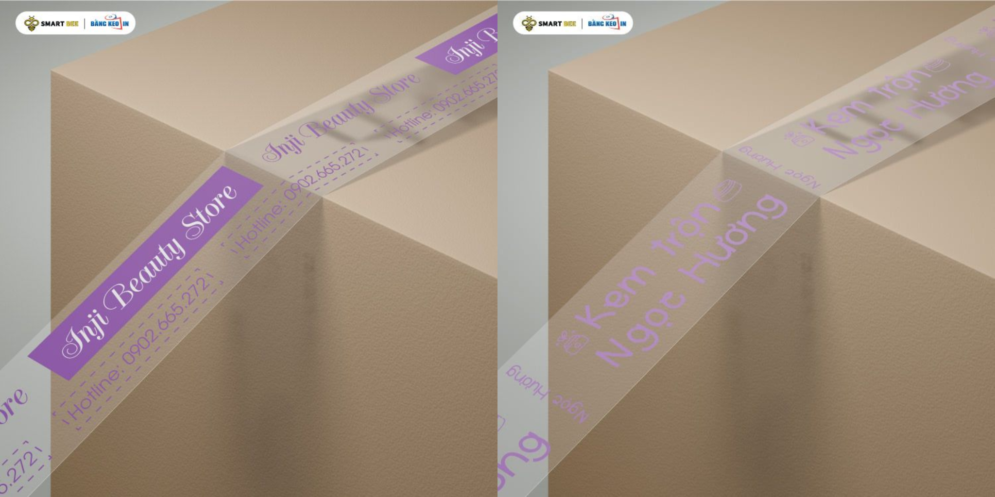 Băng Keo In Theo Yêu Cầu 48MM x 72M Nền Trong Màu In Tím
