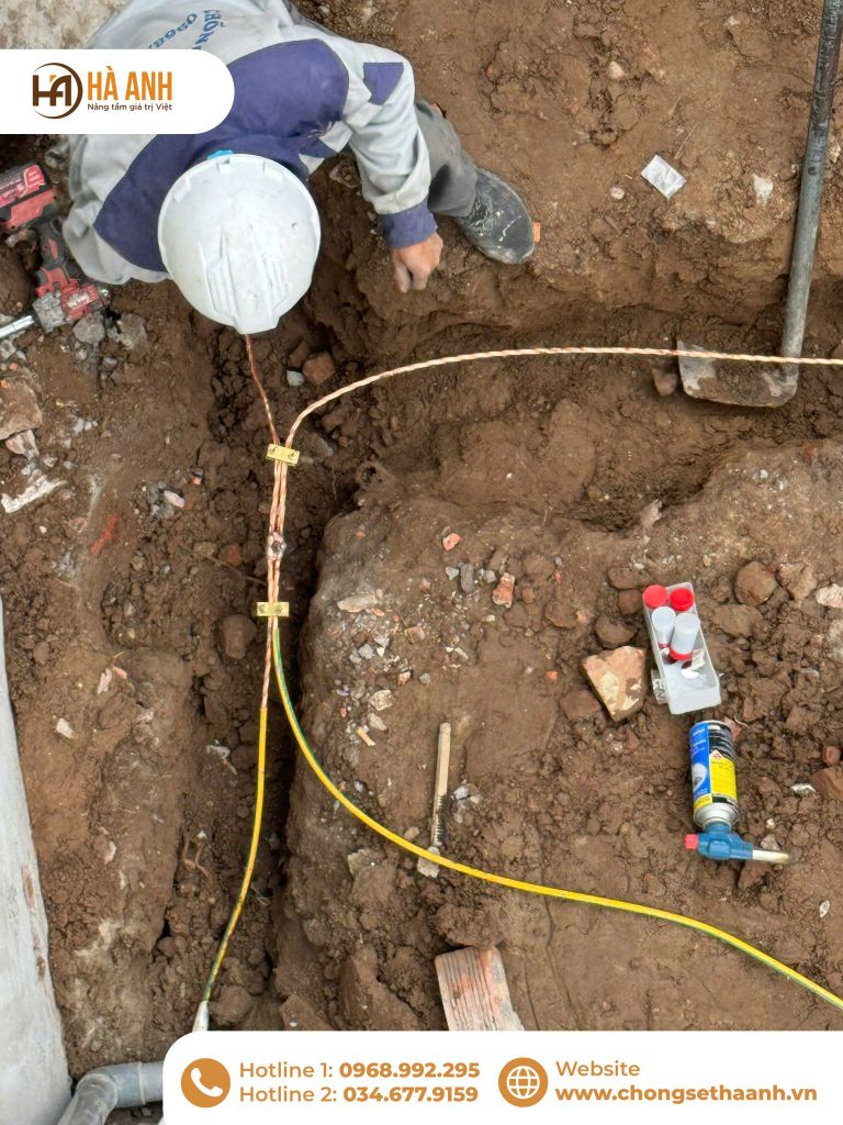 Cấu tạo bãi tiếp địa gồm cọc đồng, dây đồng và hóa chất giảm điện trở