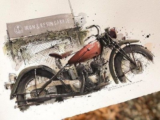 tranh vẽ ký họa thuốc nước một con xe moto