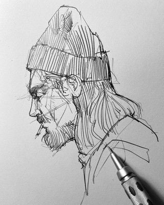 tranh vẽ ký họa một ông lão đang được bú thuốc