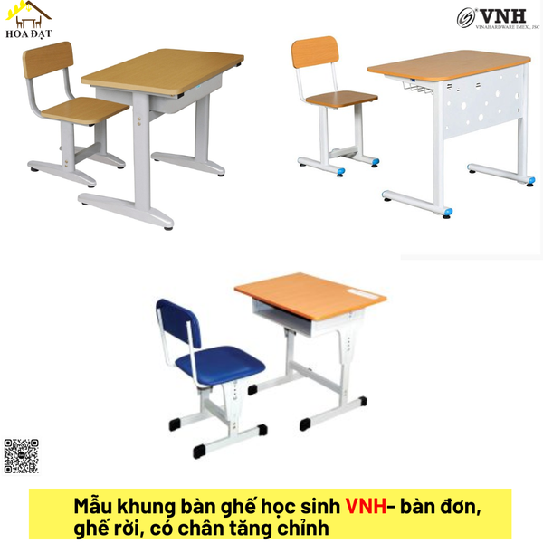 Mẫu khung bàn ghế học sinh VNH-  dạng bàn đơn, ghế rời có tựa/không tựa có chân tăng chỉnh