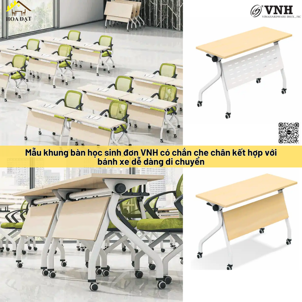 Mẫu khung bàn ghế học sinh VNH thiết kế dạng khung bàn đơn ghế rời, có tích hợp bánh xe di chuyển và tấm chắn che chân