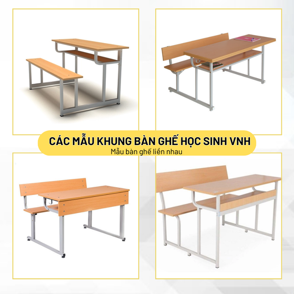 Một vài mẫu khung bàn ghế học sinh phổ biến nhất hiện nay- Mẫu bàn đôi ghế liền có tựa hoặc không tựa