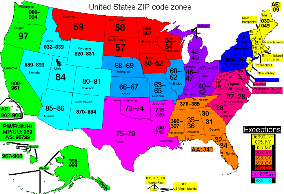 Tổng hợp mã zip Hoa Kỳ  và các tiểu bang trên toàn nước Mỹ