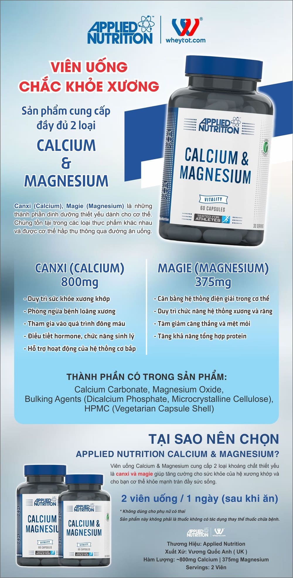 Applied Nutrition Calcium Magnesium 60 Viên (30 Servings)