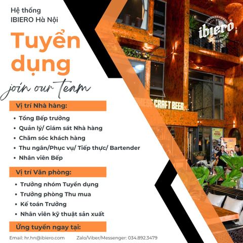 [IBIERO HÀ NỘI] - TUYỂN DỤNG NHÂN SỰ NGÀNH F&B