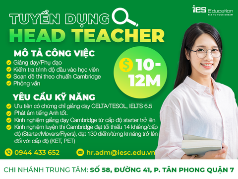 IES EDUCATION - TUYỂN DỤNG VỊ TRÍ QUẢN LÝ GIÁO VIÊN(HEAD TEACHER)