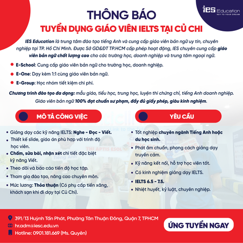 TUYỂN DỤNG GIÁO VIÊN IELTS TẠI CỦ CHI
