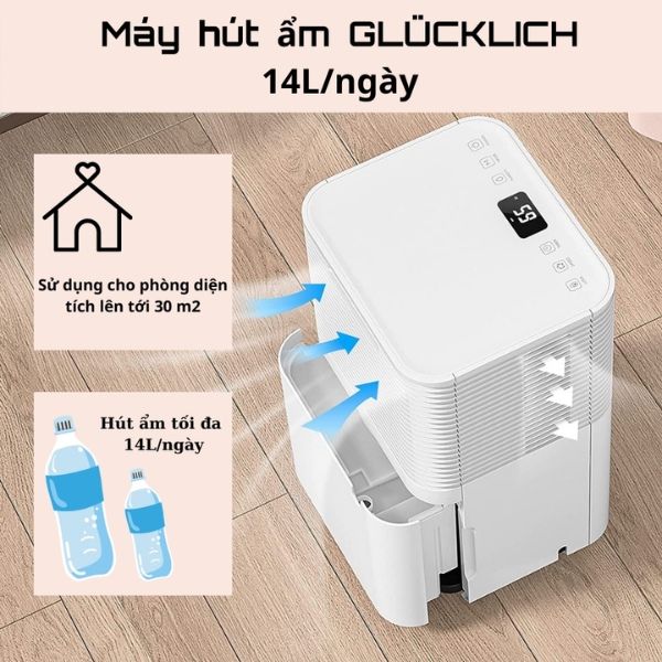 Máy hút ẩm Glucklich kiêm lọc không khí 12L/ngày với bình chứa nước 2L