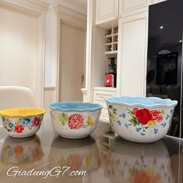 Bộ 3 Bát Gốm The Pioneer Woman Sweet Rose SentimentThiết Kế Hoa Rực Rỡ, Phong Cách Cổ Điển