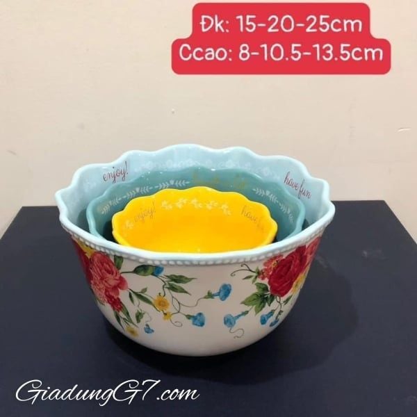 Bộ 3 Bát Gốm The Pioneer Woman Sweet Rose Sentiment Chất Liệu Sứ Bền Bỉ