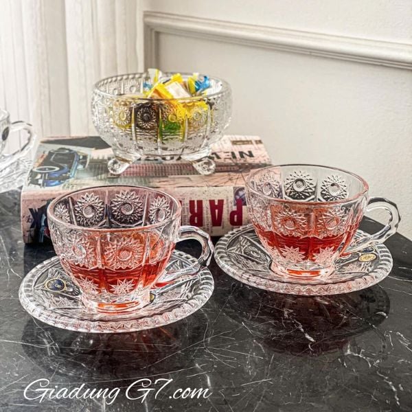 Bộ 6 tách chén pha lê mài Bohemia 150ml Sunshine Embossed hoàn hảo để bạn tiếp khách