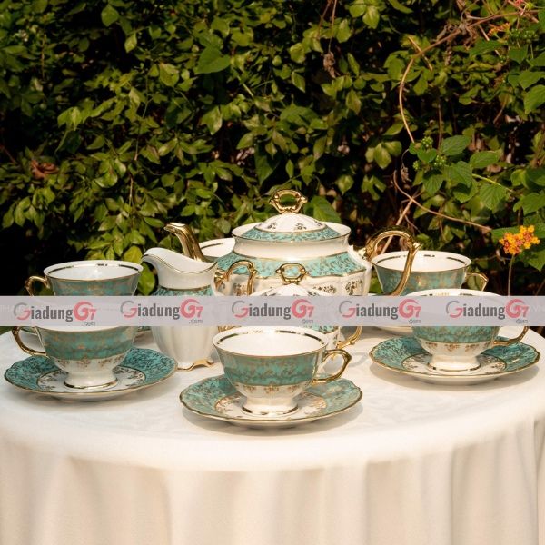 Bộ cà phê sứ Tiệp Royal Czech Porcelain xanh ngọc dây vàng 15 món phong cách Châu Âu