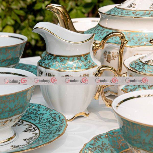 Bộ cà phê sứ Royal Czech Porcelain xanh ngọc dây vàng 15 món chất liệu cao cấp và bền màu