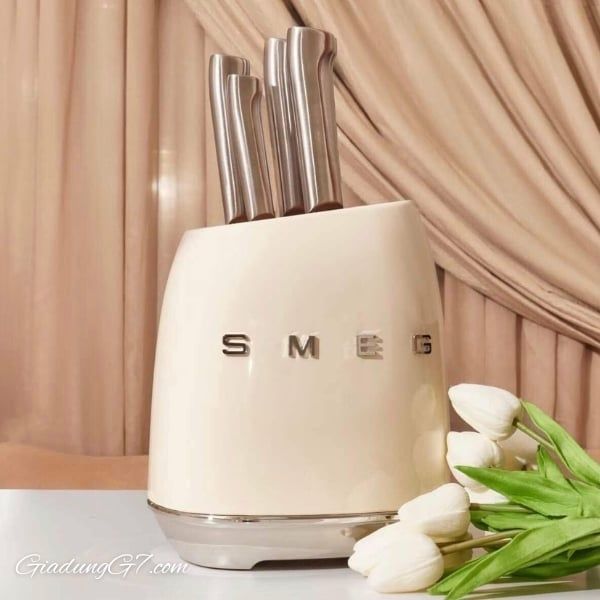 Bộ dao Smeg KBSF02CR màu kem (6 dao, 1 giá đỡ) Bộ sản phẩm đa dụng, chuyên nghiệp