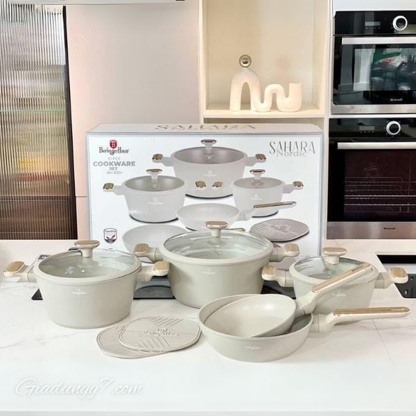 Bộ nồi Berlinger Haus BH/8324 màu kem chống dính Titan Pro 10 chi tiết từ Bộ sưu tập Sahara