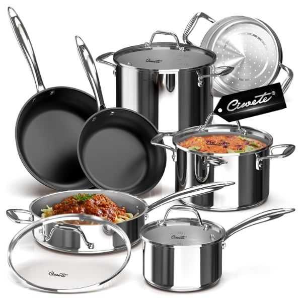 Bộ nồi chảo Ciwete 11 món Chất liệu bền bỉ với đế 3 lớp liên kết chắc chắn