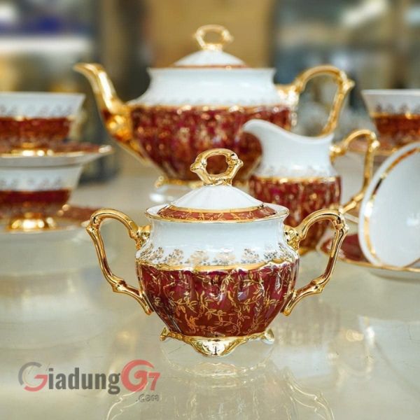 Bộ trà sứ đỏ dây vàng 15 món chất liệu cao cấp và bền màu