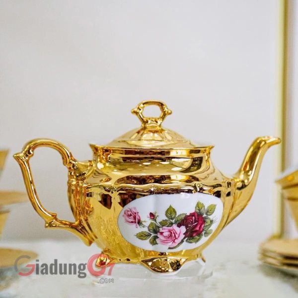 Bộ trà sứ hoa hồng mạ vàng 15 món chất liệu cao cấp và bền màu