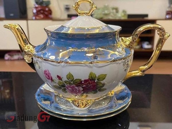 Bộ trà sứ hoa hồng viền xanh da trời 15 món chất liệu cao cấp và bền màu