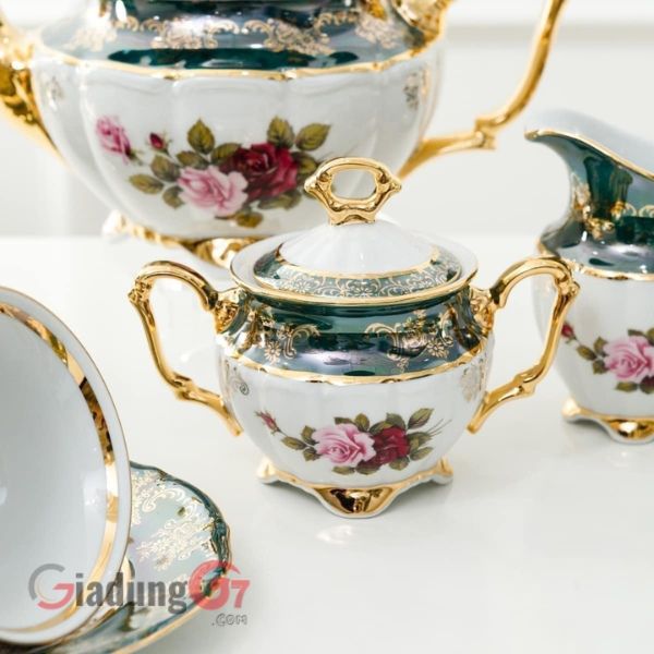 Bộ trà sứ hoa hồng viền xanh 15 món chất liệu cao cấp và bền màu