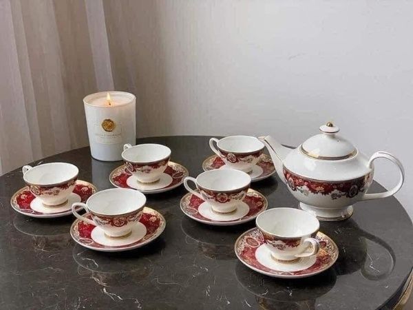 Bộ trà sứ Tiệp Royal Czech Porcelain hoàng gia đỏ 15 món phong cách Châu Âu