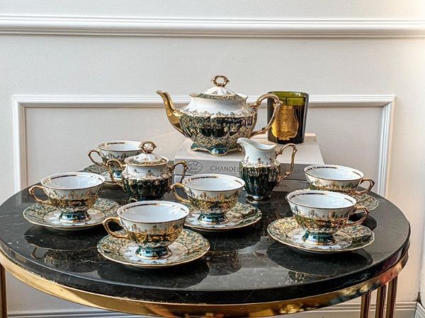 Bộ cà phê sứ Tiệp Royal Czech Porcelain hoa xanh dây vàng 15 món phong cách Châu Âu