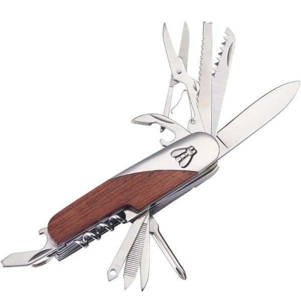 Dao đa năng Laguiole kèm bao da bao gồm 11 dụng cụ: dụng cụ mở nắp chai, tua vít, giũa, kéo, dụng cụ mở hộp, đồ khui rượu, v.v.