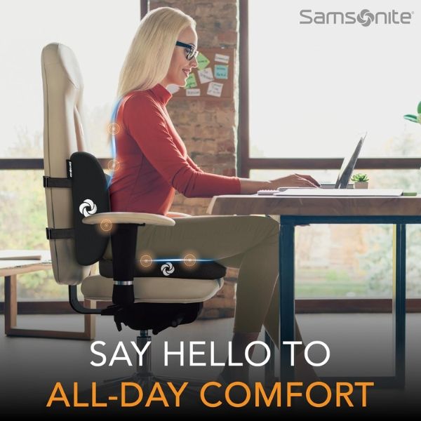 Đệm ghế và gối tựa lưng Samsonite 2in1 - Đệm lưng công thái học – giữ thẳng cột sống, giảm mỏi vùng thắt lưng khi ngồi lâu