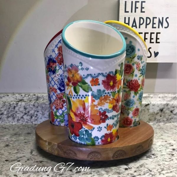 Giá để đồ bằng gốm The Pioneer Woman Floral Medley 3 ngăn Giúp bạn dễ dàng lấy đồ dùng nhà bếp