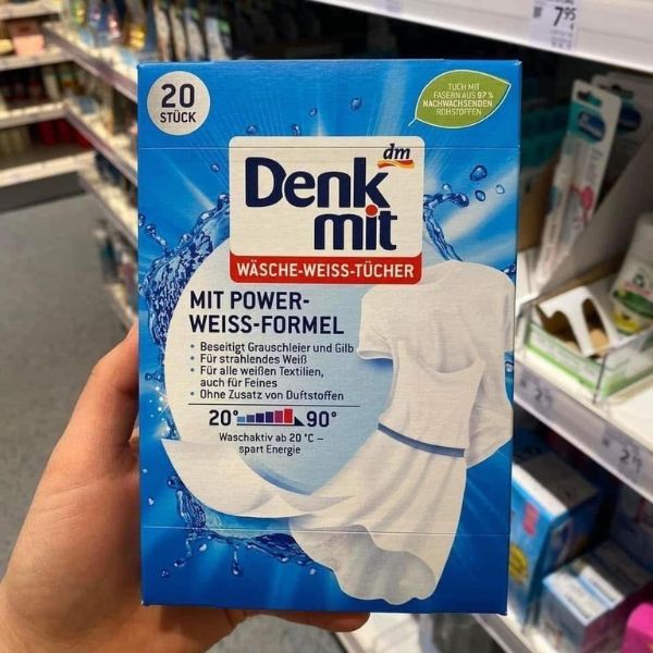 Giấy tẩy trắng quần áo Denkmit 20 tờ sử dụng một lần, lấy ra ngay sau khi giặt.