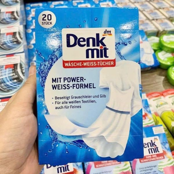Giấy tẩy trắng quần áo Denkmit 20 tờ sử dụng một lần, lấy ra ngay sau khi giặt.