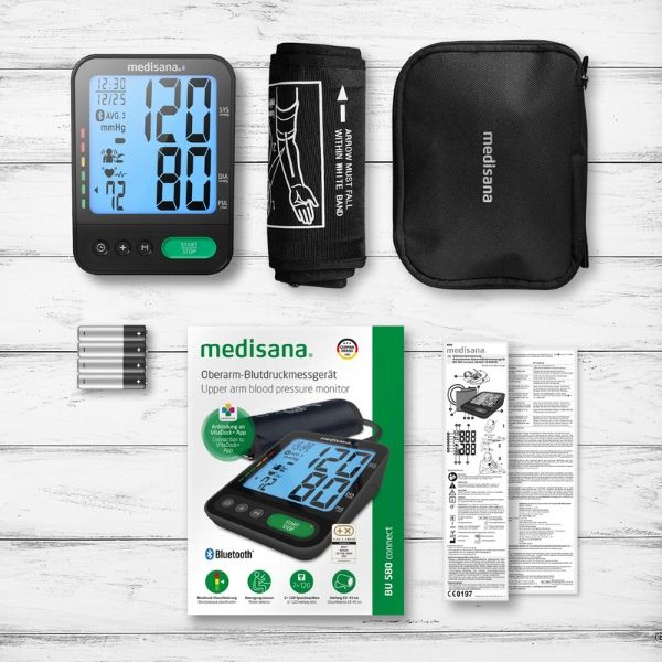 Trọn bộ sản phẩm Máy đo huyết áp bắp tay Medisana BU580 bluetooth