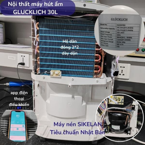 Máy hút ẩm Glucklich GLD30 PRO 30L/ngày được trang bị tay cầm và 4 bánh xe