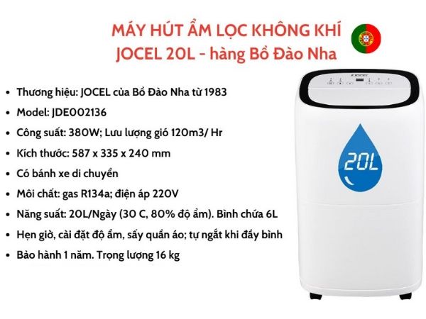 Máy hút ẩm Jocel 20L JDE002136 sử dụng cho phòng 40-50m2 - Bồ Đào Nha