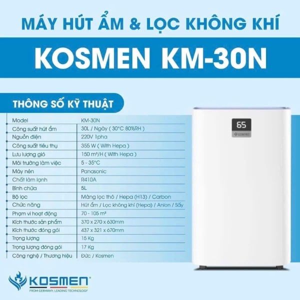 Máy hút ẩm Kosmen KM-30N Chế Độ Sấy Quần Áo và Hẹn Giờ Tiện Lợi