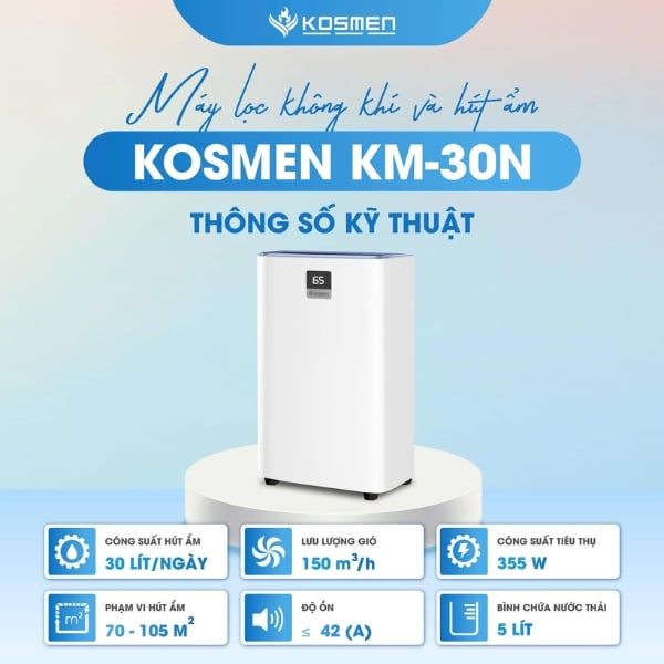 Máy hút ẩm Kosmen KM-30N Công suất hút ẩm 30 lít/ngày