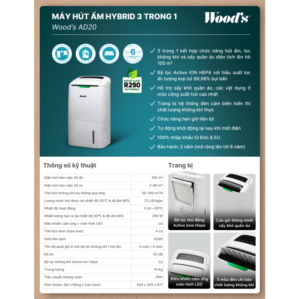 Máy Hút Ẩm Kiêm Lọc Không Khí Wood’s AD20 Cảm biến chất lượng không khí phát hiện độ ẩm và ô nhiễm