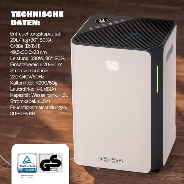 Máy hút ẩm Monzana 20L/ngày có Nắp Chống Bụi Tiện Dụng