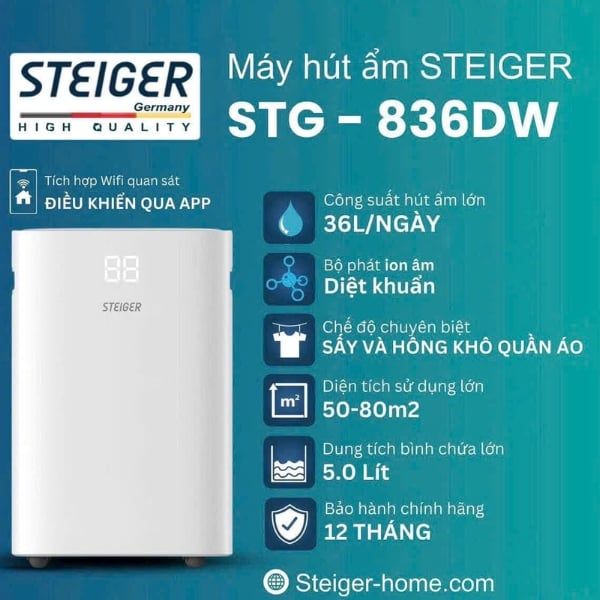 Máy hút ẩm Steiger STG 836DW 36L/ngày là một sản phẩm lý tưởng giúp kiểm soát độ ẩm trong không khí, mang lại không gian sống khô thoáng