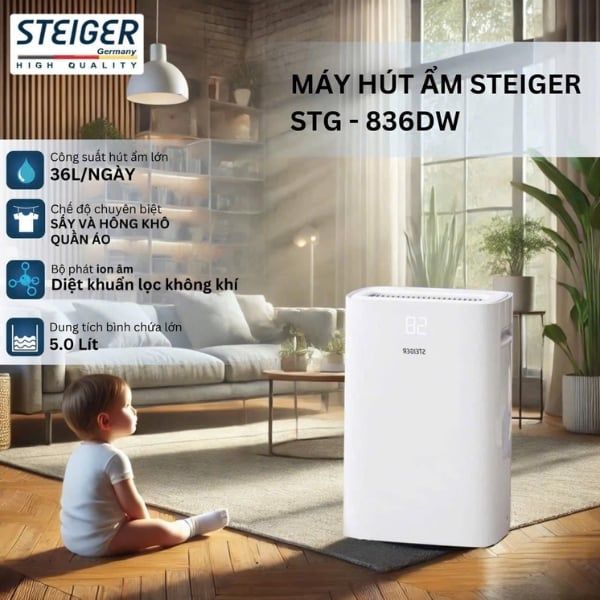 Máy hút ẩm Steiger STG 836DW 36L/ngày Thiết Kế Hiện Đại và Thân Thiện Với Người Dùng