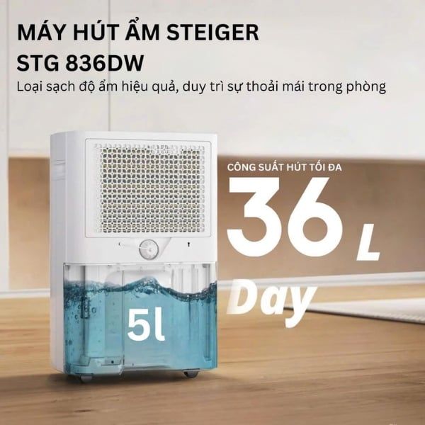 Máy hút ẩm Steiger STG 836DW 36L/ngày Kiểm Soát Độ Ẩm Chính Xác – Đảm Bảo Môi Trường Khô Thoáng