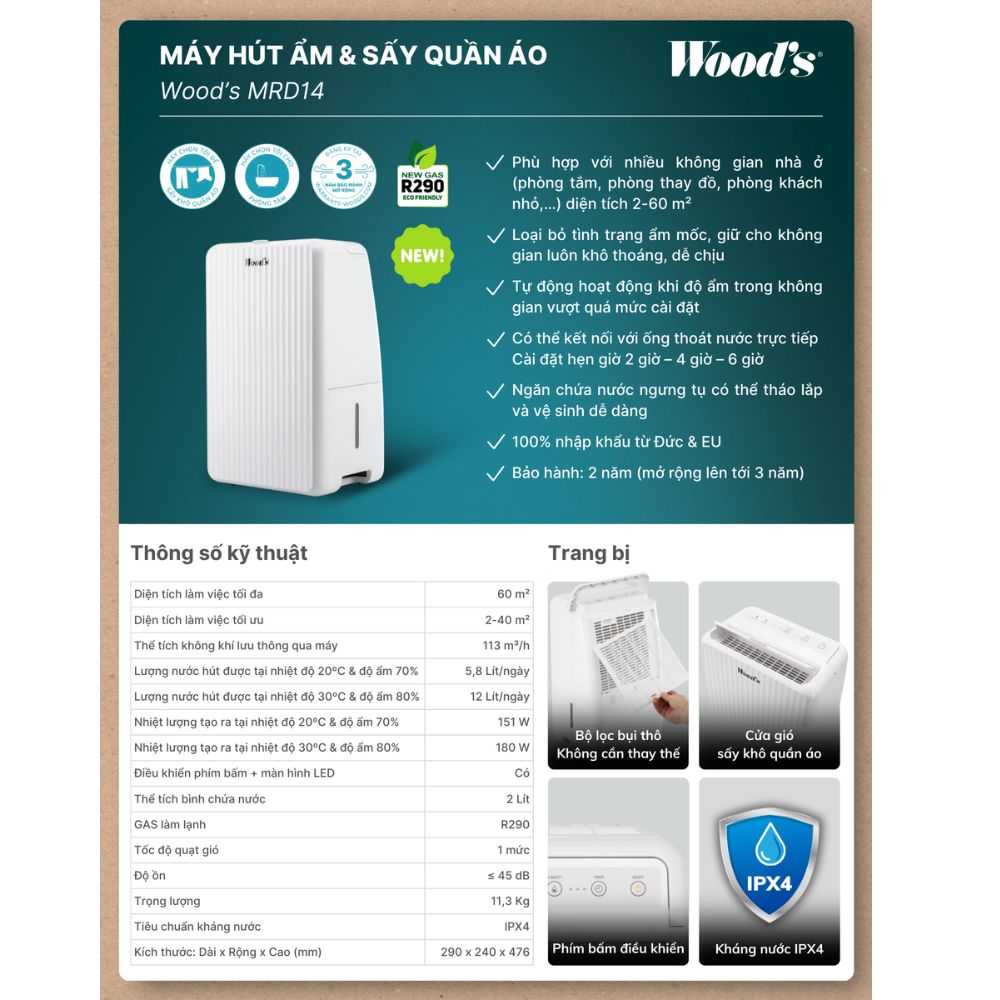 Máy hút ẩm Wood’s MRD14 Tự động tắt khi nhiệt độ dưới +5°C, tránh tình trạng đóng băng.
