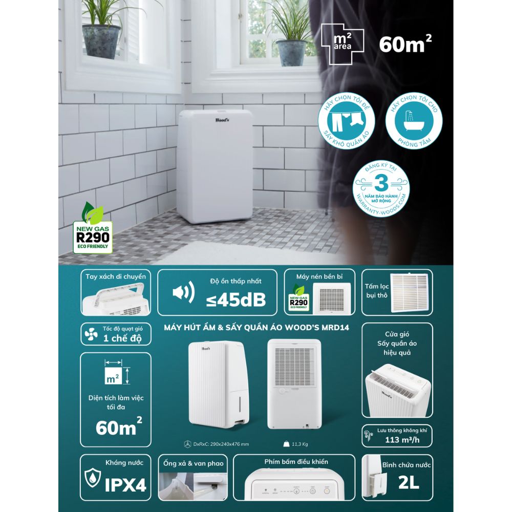 Máy hút ẩm Wood’s MRD14 là thiết bị hút ẩm nhỏ gọn, trọng lượng nhẹ